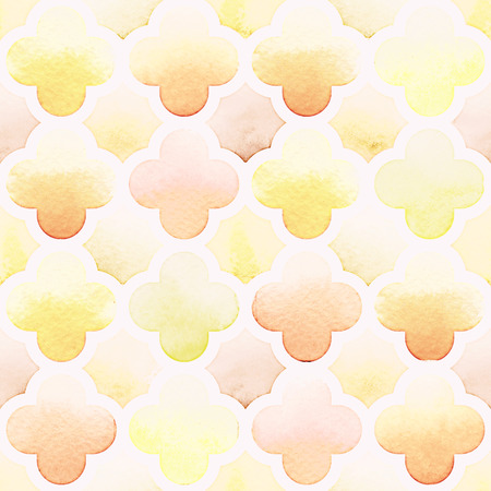 Morrocan quatrefoil ornament of yellow colors on white background. Watercolor seamless pattern.の写真素材