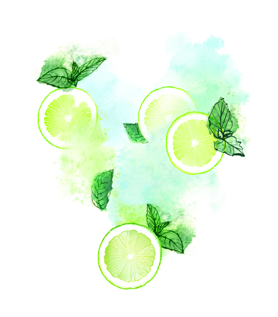 Lime slices with fresh mint for mojito splash on white background. Hand-painted watercolor illustration.の写真素材