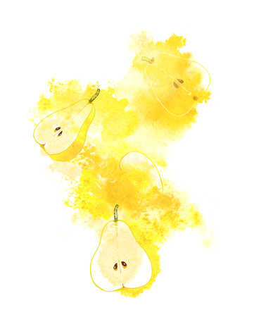 Juicy pears and yellow splash on white background. Hand-painted abstract illustration.の写真素材