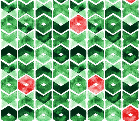 Watercolor chevron in green and red colors on white background. Abstract seamless pattern for celebration of Christmas and New Year.の写真素材