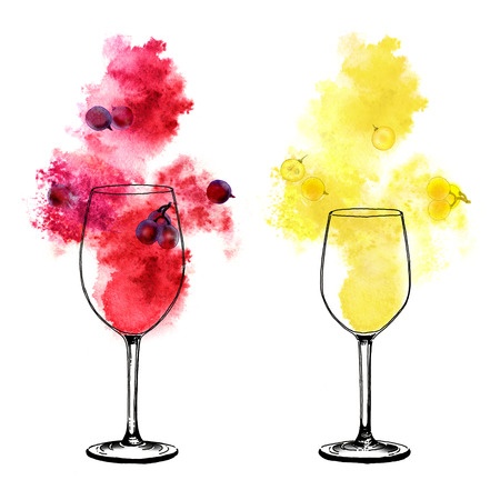 White and red wine splashes and winy glasses on white background. Hand-painted watercolor illustration.の写真素材