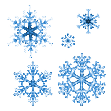 Set of watercolor snowflakes on white background. Hand-painted pattern.の写真素材