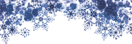 Greeting banner with blue snowflakes and frosty pattern. Hand-painted illustration for Happy New Year and Merry Christmas borderの写真素材