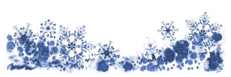 Greeting banner with blue snowflakes and frosty pattern. Hand-painted illustration for Happy New Year and Merry Christmas borderの写真素材