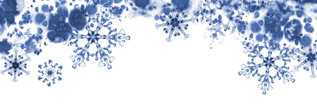 Greeting banner with blue snowflakes and frosty pattern. Hand-painted illustration for Happy New Year and Merry Christmas borderの写真素材