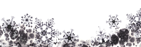 Greeting banner with ink snowflakes and frosty pattern. Hand-painted illustration for Happy New Year and Merry Christmas borderの写真素材