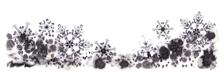 Greeting banner with ink snowflakes and frosty pattern. Hand-painted illustration for Happy New Year and Merry Christmas borderの写真素材
