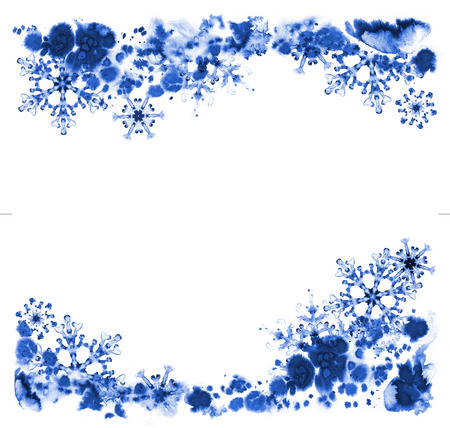 Greeting cards with ink snowflakes and frosty pattern. Hand-painted illustration for Happy New Year and Merry Christmas congratulationsの写真素材