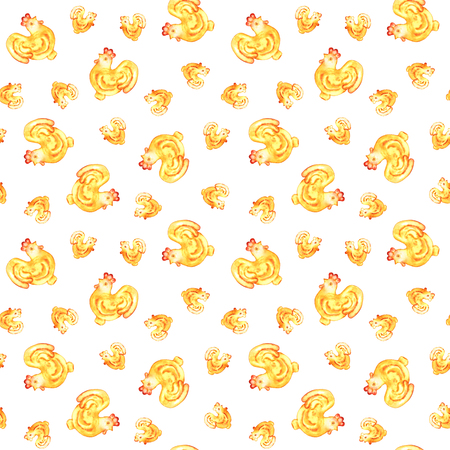 Red yellow watercolor cockes on white background. Hand-painted seamless pattern for Chinese New Year.の写真素材
