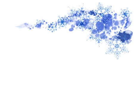 Winter wave with blue snowflakes and frosty pattern. Hand-painted watercolor illustration for Happy New Year and Merry Christmas borderの写真素材