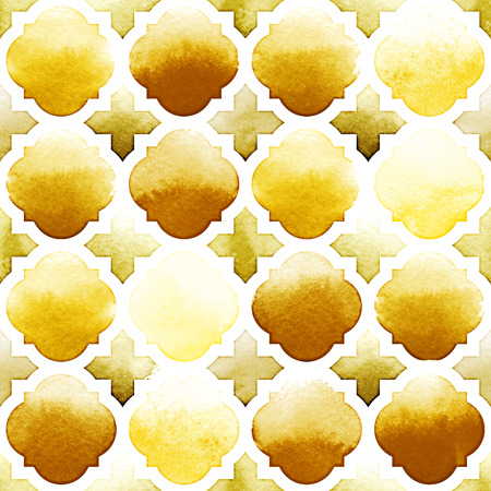 Morrocan ornament of yellow colors on white background. Watercolor seamless pattern. Spicy Mustard.の写真素材