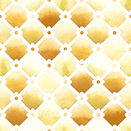 Wilton trellis pattern with quatrefoil of yellow colors on white background. Watercolor seamless pattern. Spicy Mustard.の写真素材