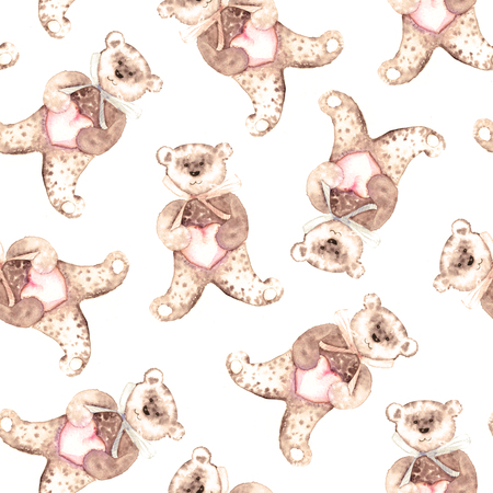 Watercolor teddy bear. Hand-painted seamless pattern for baby fabric.の写真素材