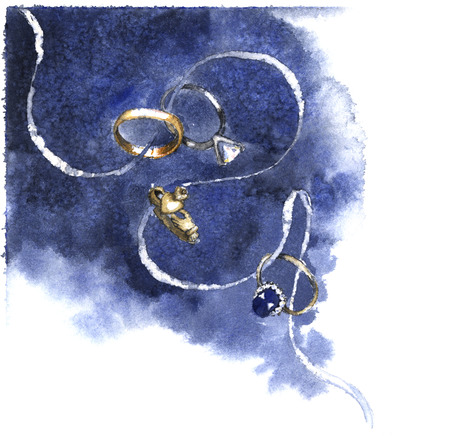 Wedding rings on a whote ribbon with navy blue watercolor background. Hand-painted watercolor illustrationの写真素材