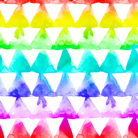 Geaometric ornament of rainbow colors triangles on white background. Watercolor seamless pattern.の写真素材
