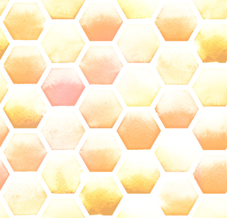 Hexagon pattern of yellow colors on white background. Watercolor seamless pattern.の写真素材