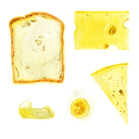 Bread, cheese, butter and egg for sandwich. Watercolor illustration.の写真素材