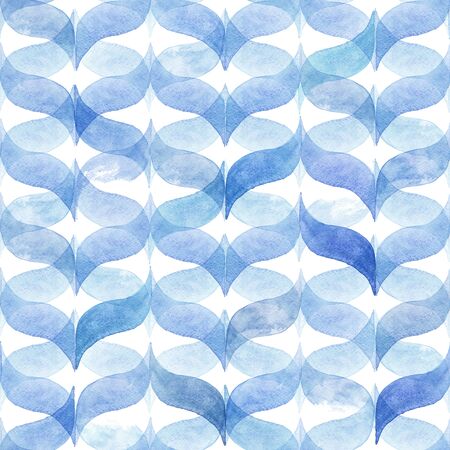 Watercolor blue background with curved wavy stripes. Geometric seamless pattern for fabricの写真素材