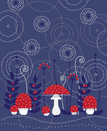 Toadstools in a magical forest on blue abstract background. Vector illustration.のイラスト素材