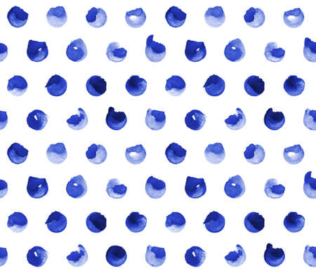Polka dot on white background. Geometric ornament of blue cobalt. Watercolor seamless pattern.の写真素材