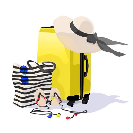 Travel bag, stripe bag, straw hat, blue sunglasses and sandals on beach. Isolated background. Vector illustrationのイラスト素材