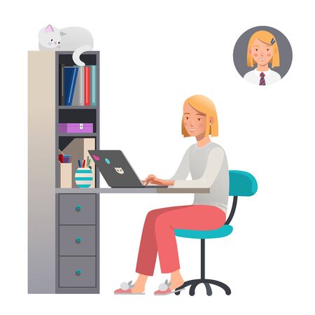 Smiling girl studying at home. Home education for school children. Coronavirus quarantine. Isolated background. Vector illustrationの写真素材