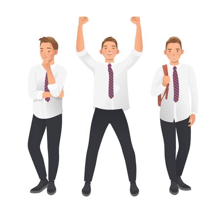 Student, pupil, high school boy in uniform. Poses Set on white background. Thoughtful pose, hand on chin. Winning pose with arm up. Relaxed pose with backpack. Flat vector illustrationのイラスト素材