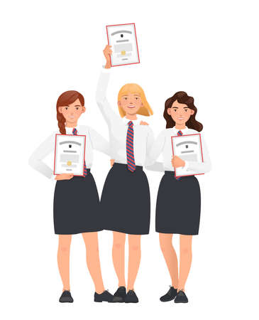 School awards ceremony. Happy students, pupils, school girls in uniform with diplomas in their hands. Flat vector illustrationのイラスト素材