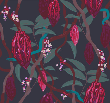 Cacao tree with cocoa beans, flowers and leaves on dark background. For textie, fabric, banner, pack. Hand drawn vector seamless patternのイラスト素材