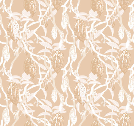 Cacao tree with cocoa beans, flowers and leaves on yellow tone background. For textie, fabric, banner, pack. Hand drawn vector seamless pattern in beige color paletteのイラスト素材