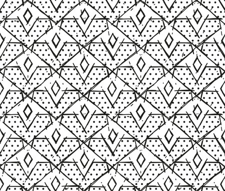 Line ornament with abstract geometric shapes and rhombus in black and white colors on polka dot background. vector flat seamless patternのイラスト素材