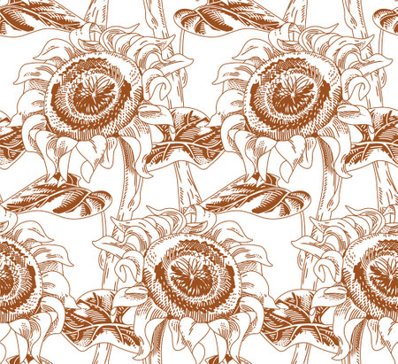 Sunflower flowers with stems and leaves. Engraved vintage style. Brown ink line on a white background. vector seamless patternのイラスト素材