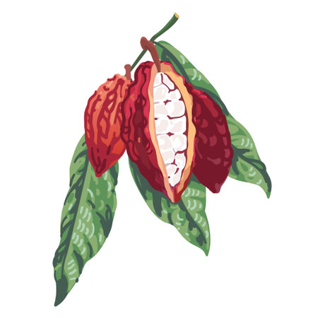 Cocoa pod with chocolate beans and leaves isolated on white background. Superfood cacao fruit for banner, poster, label. vector illustrationのイラスト素材