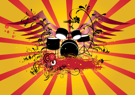 Grunge background with drums set and bannerのイラスト素材