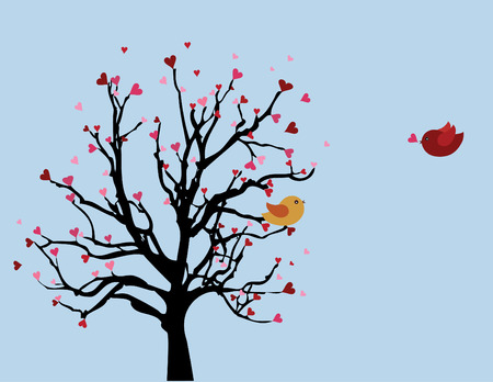 two small birds at the tree. Spring love time. Vector backgroundのイラスト素材