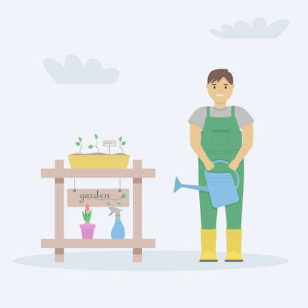A man gardener watering flowers in the garden. Vector illustration of a spring hobby.のイラスト素材