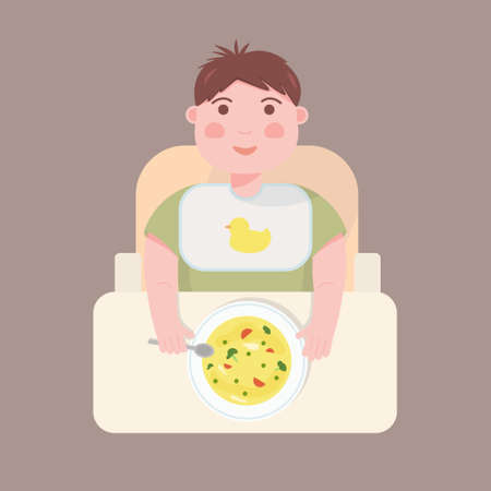 Ð¡hild eating soup in a chair. Flat style vector illustration.のイラスト素材