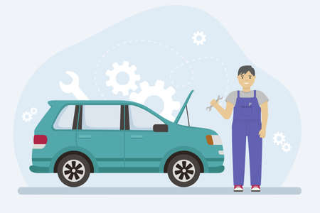 Man in overalls repairs a car with a wrench.Vector illustration of a mechanic.のイラスト素材