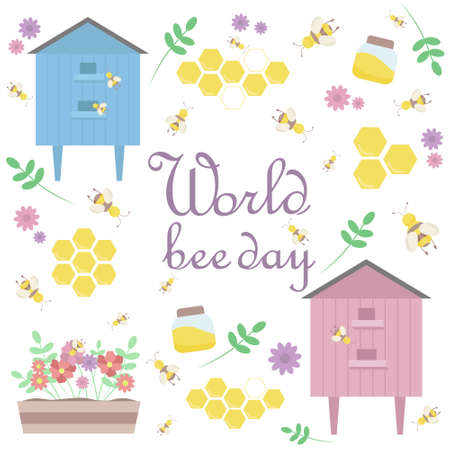 World bee day illustration. A set of pictures of bees, a bee hive, honeycomb, a jar of honey, flowers and plants.のイラスト素材