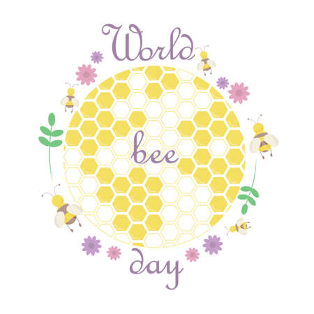 World bee day illustration. Representation of the planet in the form of honeycomb with bees and plants.のイラスト素材