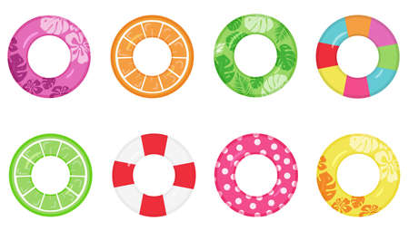 Set of bright inflatable swimming rings. Summer water and beach accessories. Lifebuoys for drowning people.のイラスト素材