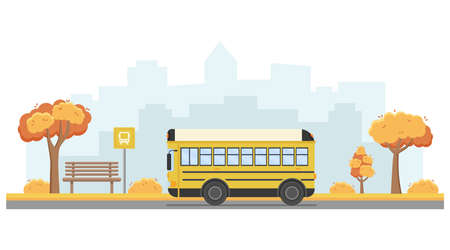 The bus pulls up to the bus stop.Vector illustration of public transport in the city.のイラスト素材