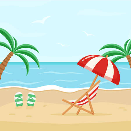 Vector illustration of the sea coast with a deck chair and umbrella. Sunny day at the beach.のイラスト素材