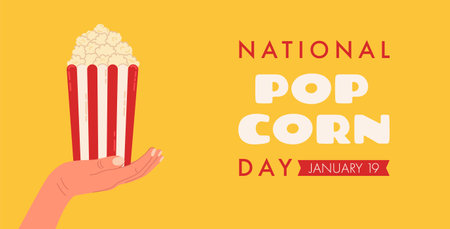 Banner for web design and graphic design for National Popcorn Day on January 19th with hand holding box of red and white striped popcorn.のイラスト素材