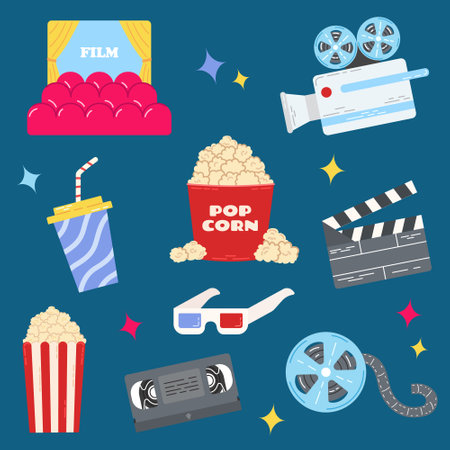 Set of cinema and movie items. Colorful stickers with camera, 3D glasses, video cassette, cine film, camera and delicious popcorn. Cartoon flat vector collection for print.のイラスト素材