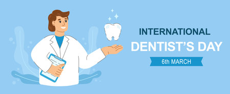 Horizontal background for international dentist day celebration. Flat cartoon illustration suitable for poster or banner.のイラスト素材
