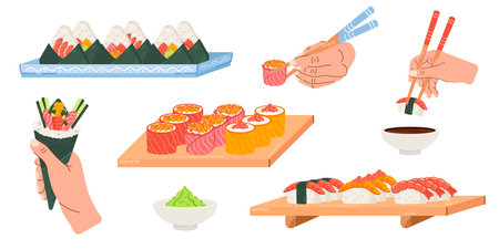 Set illustrations of Asian food. Hand drawn illustration of temaki in hand, sushi on a plate, onigiri and soy sauce.のイラスト素材