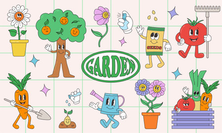 spring gardening collection. Doodle flower, funny cute plant, birdhouse. Isolated farm tools, decorative garden gnomes exact vector setのイラスト素材