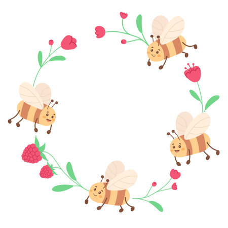 Vector floral concept of circle frame. Minimalistic hand drawn flowers and bees. spring decor.のイラスト素材
