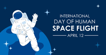 International day of human space flight background. Astronaut flying in space. Flat line style design.のイラスト素材